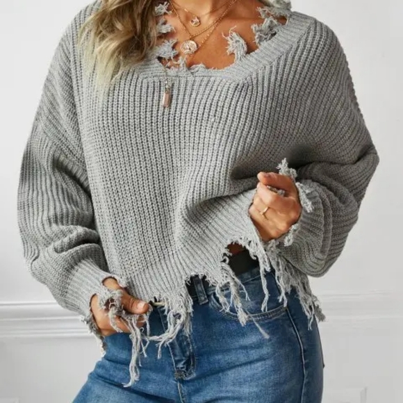 ZAFUL Women Loose Ripped V Neck Sweater Cropped Pullover Baggy Knitwear O/S Grey - Picture 1 of 5